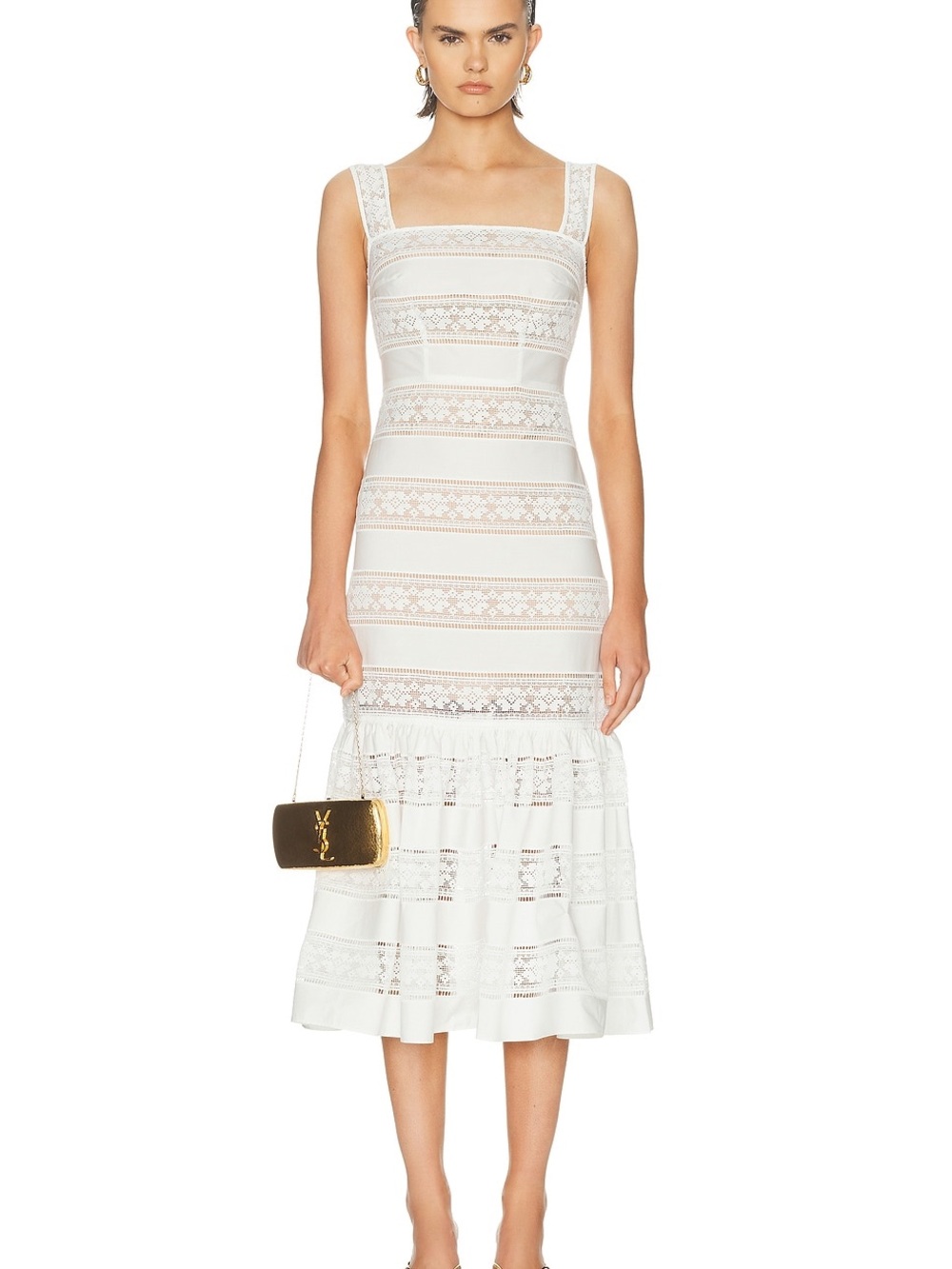 NWOT Self-Portrait White Lace-Trim Midi Dress with Ruffled Hem, Size US 6
